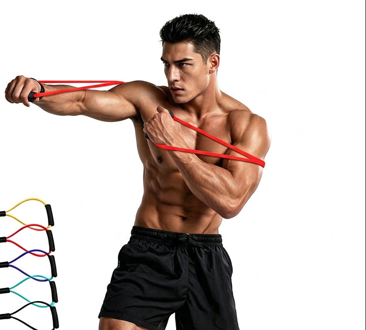 A shirtless muscular man wearing black athletic shorts demonstrates a red resistance band around his arm and chest. On the left side, a vertical stack shows additional resistance bands in yellow, red, blue, purple, and black.