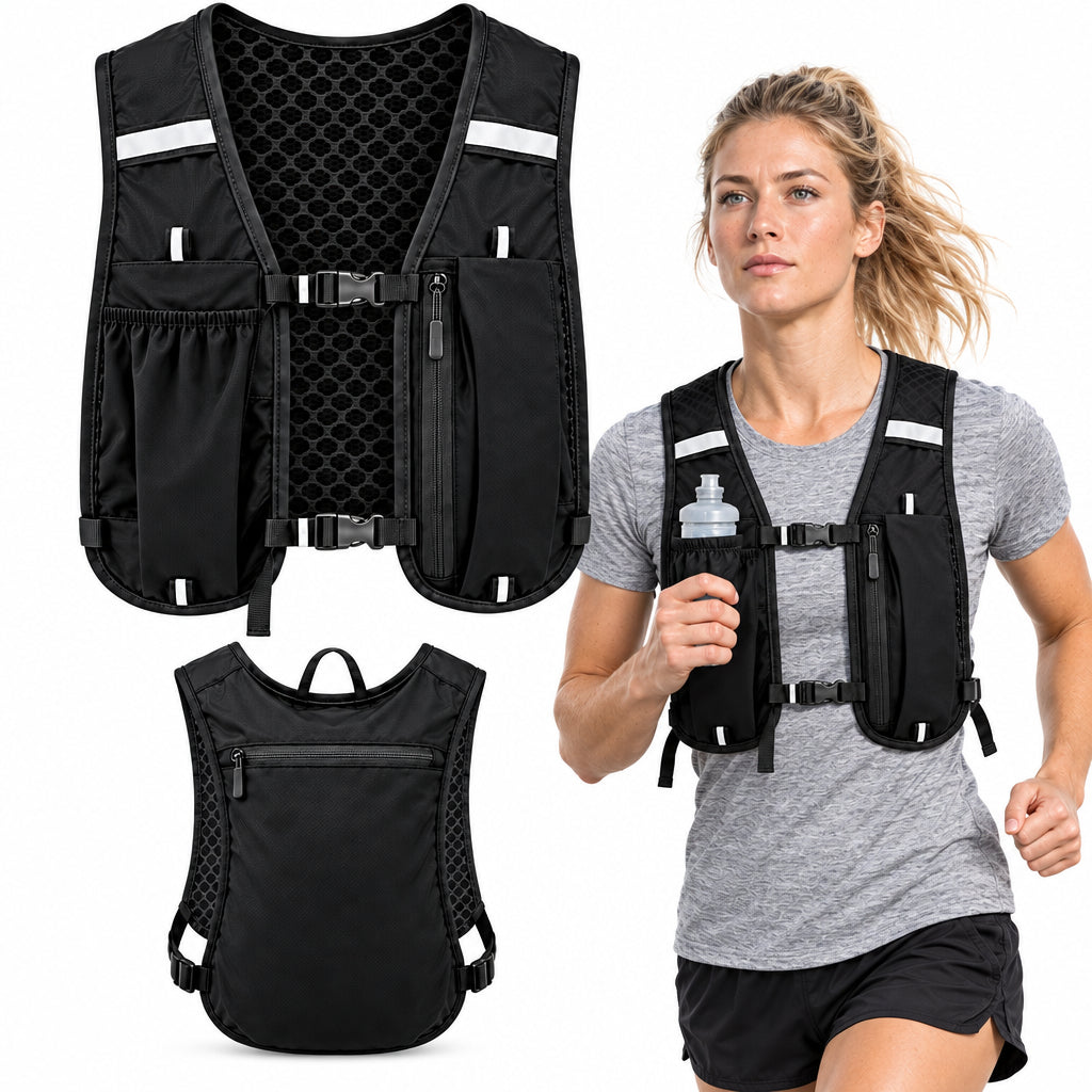 Black reflective cycling and running vest with multiple front pockets, shown in three views: a large flat product view, a smaller front view, and worn by a female model with a water bottle. The vest has reflective silver stripes and mesh ventilation panels.