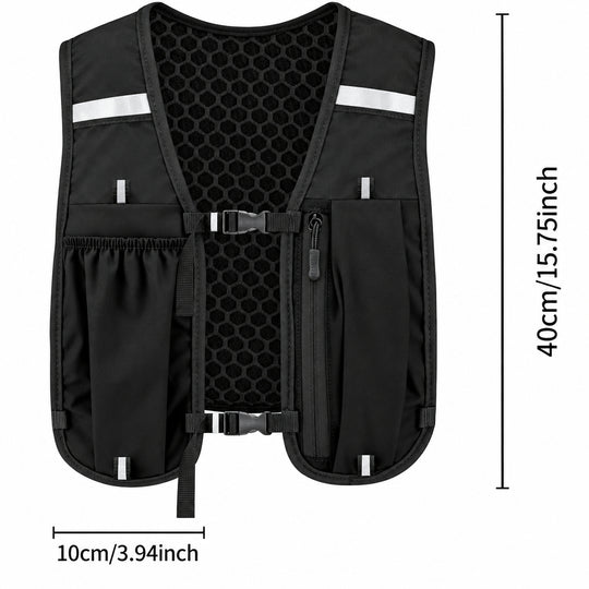 Black reflective cycling vest with front utility pockets and adjustable straps, shown with dimension labels indicating 40cm height and 10cm width on a white background.