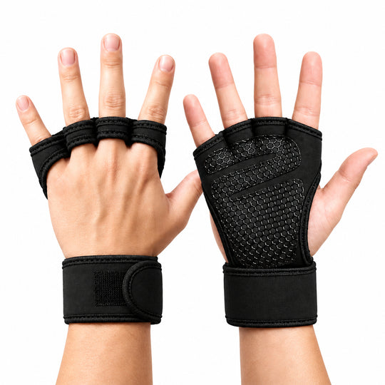 A pair of black fingerless weightlifting gloves shown on hands against a plain white background, displaying both the palm side with textured grip pads and the back of the hand with wrist straps.