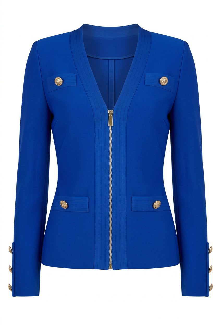 royal blue bandage V-neck jacket with gold metal zipper and contouring features, 