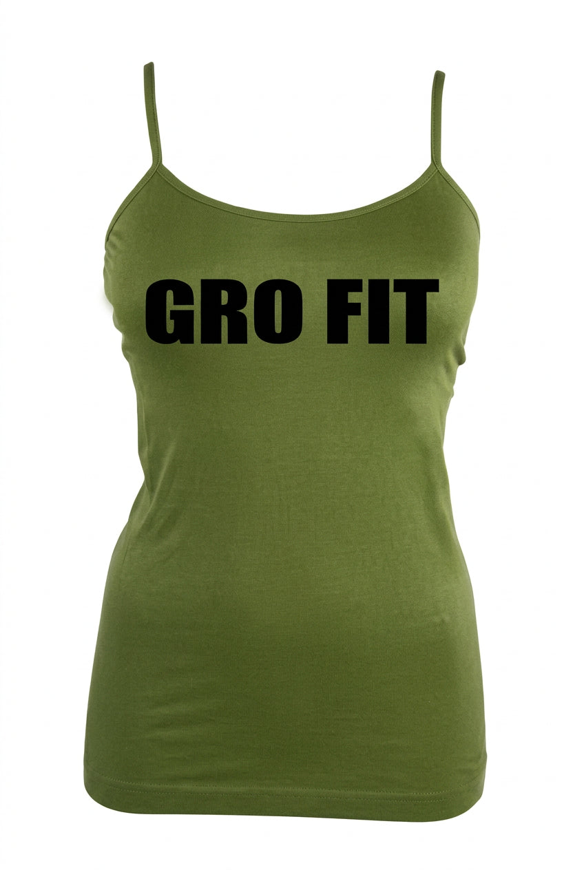 A green cami tank top with the text 'GRO FIT' printed in black on the front.